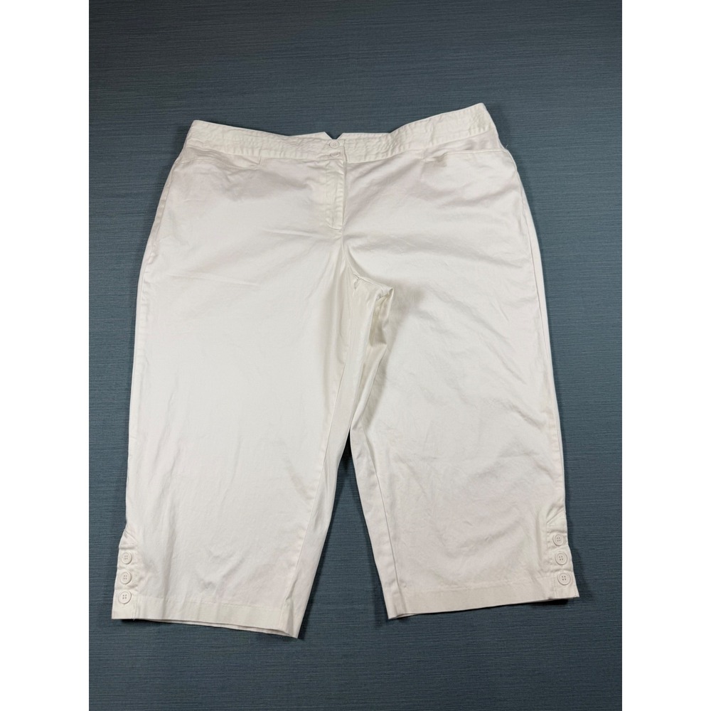 White Button Hem Crop Capri Pants Mid Rise Stretch Trousers Womens Plus Size